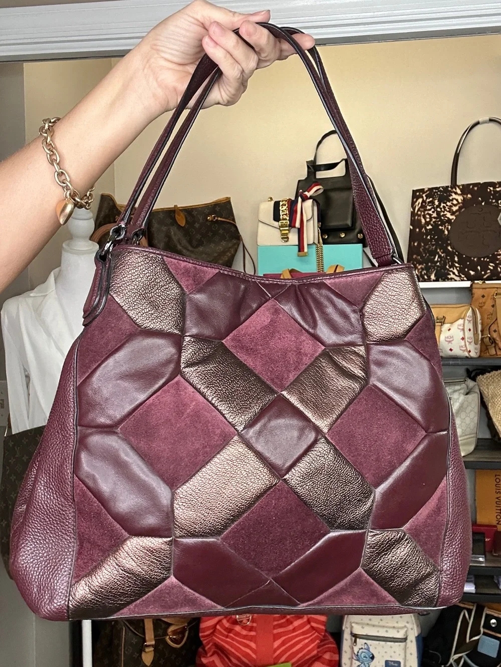 Coach Patchwork Suede & Leather Hobo Shoulder Bag 2016 Burgundy Metallic - Picture 3 of 13